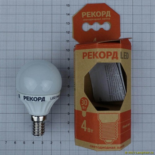 Лампа светодиодная шар 4Вт, G45, E14, 3000K, 220В РЕКОРД Фото №1