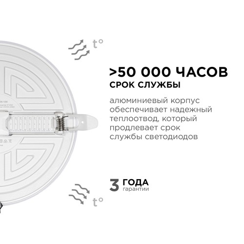 Панель светодиодная встраиваемая безрамочная FLP, 24Вт (18Вт+6Вт), 230В/50Гц, 2040лм, 4000К, IP20, ø170х21мм, круг, 3 режима свечения, регулировка под посадочное отверстие ø55-155мм, алюминиевый корпус Apeyron