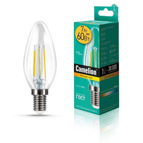 Лампа светодиодная свеча филамент 7Вт, C35-FL, E14, 3000K, 220В Filament Camelion Фото №1