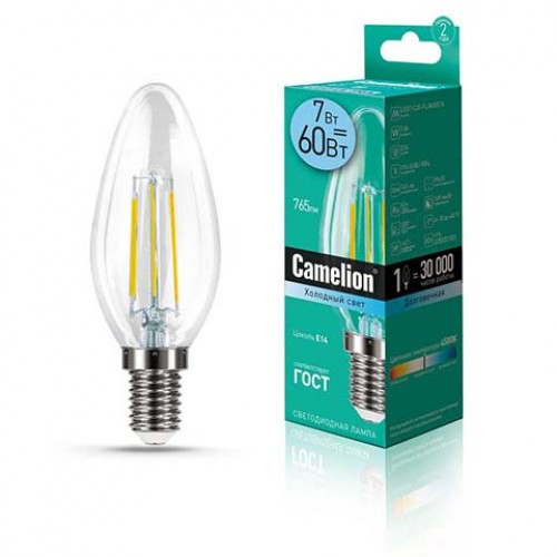 Лампа светодиодная свеча филамент 7Вт, C35-FL, E14, 4500K, 220В Filament Camelion