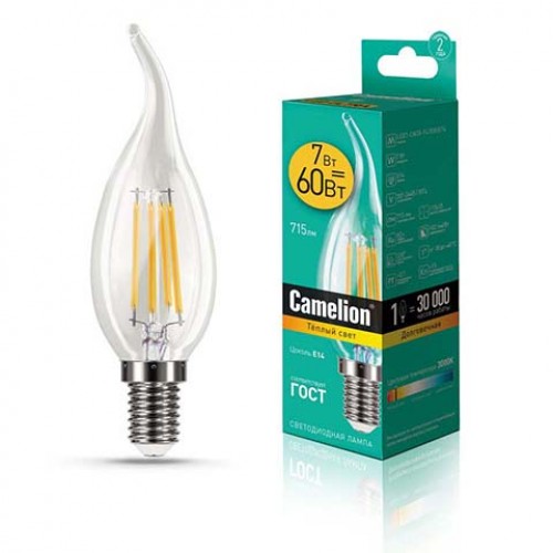 Лампа светодиодная свеча на ветру филамент 7Вт, CW35-FL, E14, 3000K, 220В Filament Camelion Фото №1