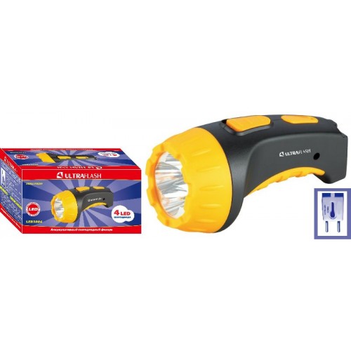 Фонарь светодиодный аккумуляторный Чёрный + Жёлтый, 4 LED, 220В, SLA, Пластик, коробка LED3804 ULTRAFLASH