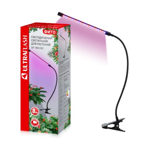 Светильник настольный для растений светодиодный на прищепке, 8Вт, IP40, Черный UF-780, C02, Ultraflash