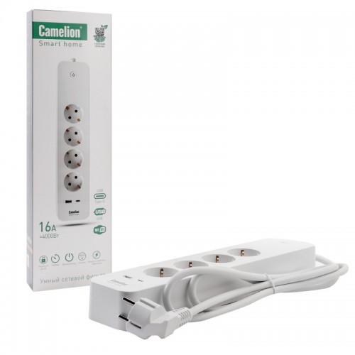 Сетевой фильтр 4 гнезда, с заземлением, длина 1,5метра, 16A, 4000Вт, USB+Type-C, WiFi+Счетчик Smart Home Camelion