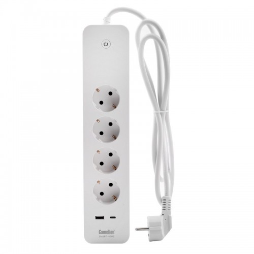 Сетевой фильтр 4 гнезда, с заземлением, длина 1,5метра, 16A, 4000Вт, USB+Type-C, WiFi+Счетчик Smart Home Camelion