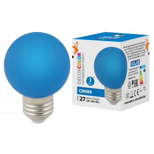 Лампа декоративная светодиодная форма шар 3Вт, G60, E27, Синий, 220В Volpe Фото №1