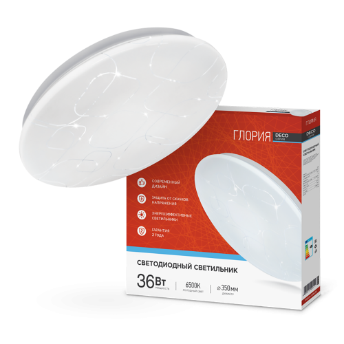 Светильник настенно-потолочный светодиодный 36Вт, 6500K, 350x55мм, IP20 "ГЛОРИЯ" IN HOME