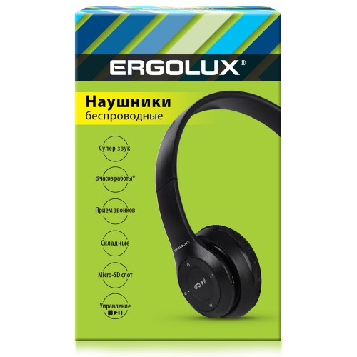 Наушники накладные беспроводные, FM, MP3, микрофон, Черный, ELX-BTHP01-C02 Ergolux