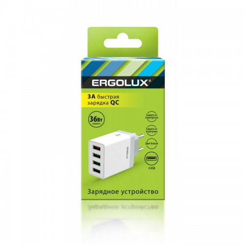 ERGOLUX ELX-РA02QC-C01 (Сетевой адаптер 36Вт 4USB, 100-220В, 5-9V/3А, 1QC+3/3А, Белый, Коробка)