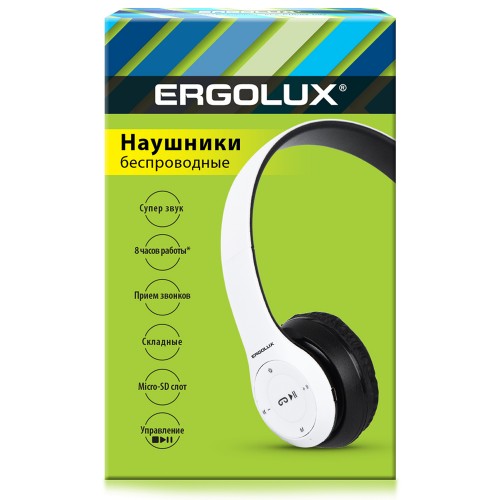 Наушники накладные беспроводные, FM, MP3, микрофон, Белые, ELX-BTHP01-C01 Ergolux