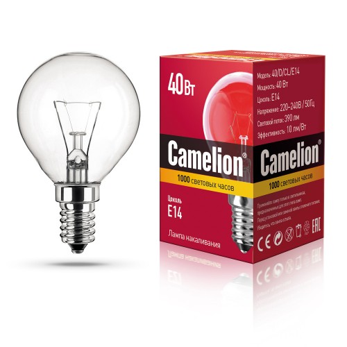 Лампа накаливания каплевидная прозрачная, 40Вт, E14, P45 Camelion Фото №1
