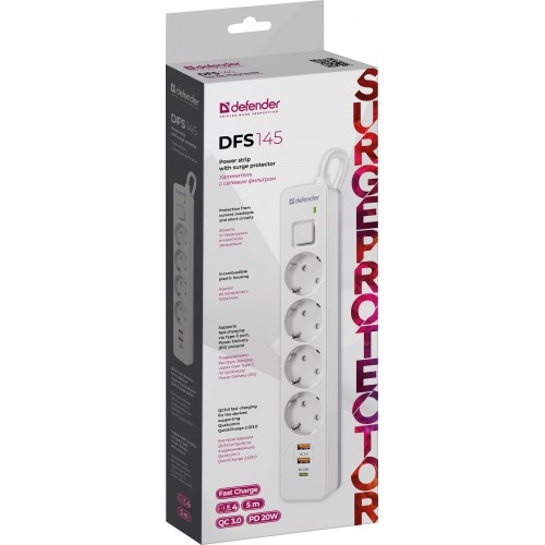 Удлинитель с сетевым фильтром DFS 145 5 м,белый,4розетки,USB+TypeC DEFENDER Фото №2