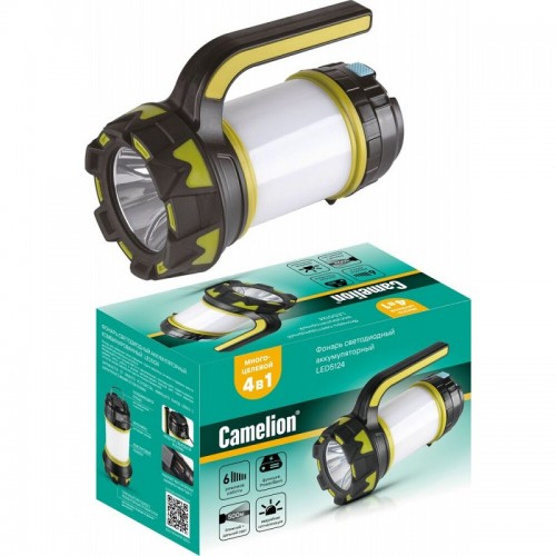 Camelion LED5124 (фонарь акк. черн/зел, USB2.0, Micro USB, Powerbank, 5Вт, 4,4 А-ч, пластик, кор.)