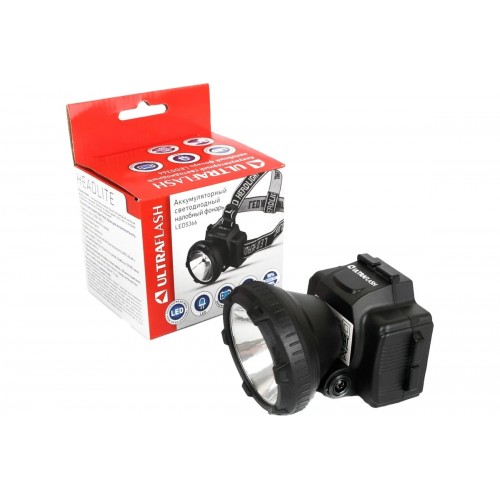 Фонарь светодиодный аккумуляторный налобный Чёрный, 0.5Вт LED, 220В, 2 режима, Пластик, коробка LED5366 ULTRAFLASH Фото №1