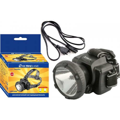 Фонарь светодиодный аккумуляторный налобный Чёрный, 0.5Вт LED, 220В, 2 режима, Пластик, коробка LED5366 ULTRAFLASH Фото №1