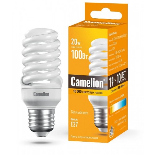 Лампа энергосберегающая 20Вт, T2, E27, 2700K, 220В LH-20-FS-M Camelion Фото №2