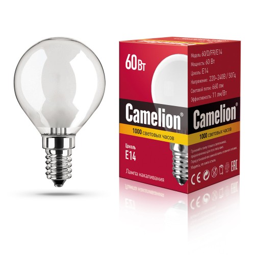Лампа накаливания каплевидная матовая, 60Вт, E14, P45 Camelion Фото №1