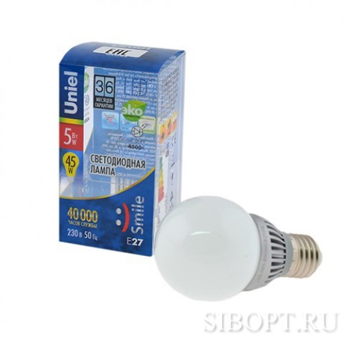 Лампа светодиодная шар 5Вт, G60, E27, 4500K, 220В Aluminium Smile Uniel Фото №1