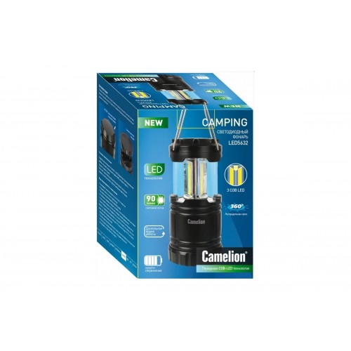 Фонарь светодиодный кемпинговый Чёрный, 3 COB LED, 3xR03, Пластик, коробка LED5632 Camelion