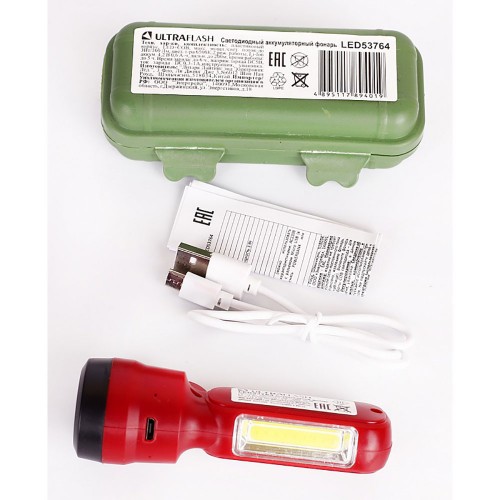 Ultraflash LED53764  (фонарь акк 4В, красн., 2LED, 3 Вт, 2 реж, USB, бокс са)