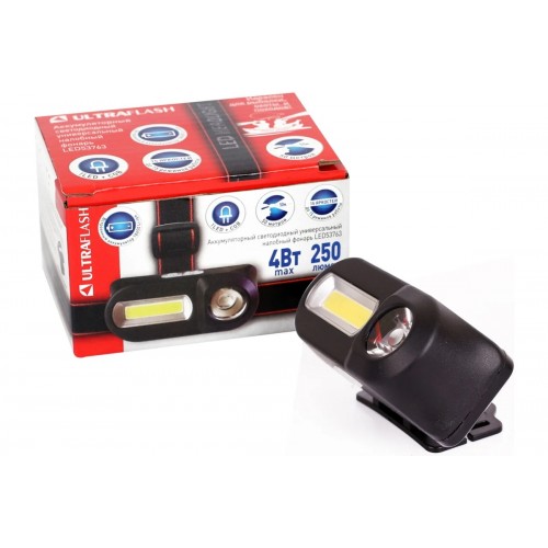 Фонарь светодиодный аккумуляторный налобный черный, 3+3Вт XPE + COB LED, 3,7В, 1 режим, Пластик, бокс LED53763 ULTRAFLASH