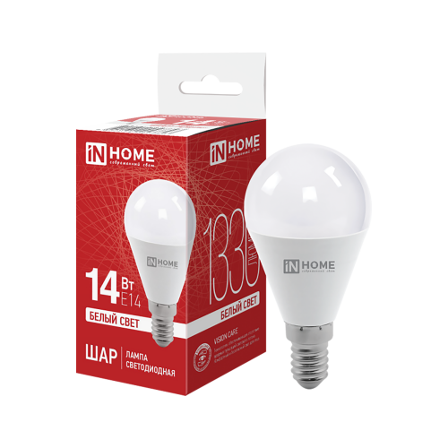 Лампа светодиодная шар 14Вт, G45, E14, 4000K, 220В IN HOME