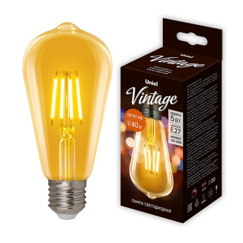 Лампа светодиодная LED-ST64-5W/GOLDEN/E27 GLV22GO Vintage. Форма «конус», золотистая колба. Картон. ТМ Uniel