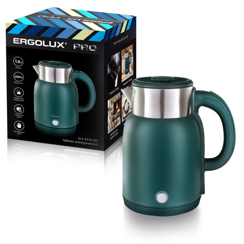 Чайник ELX-KS13-C02 Зеленый PRO (нерж. сталь+пластик,1.6л, 220-240В, 2000 Вт) ERGOLUX