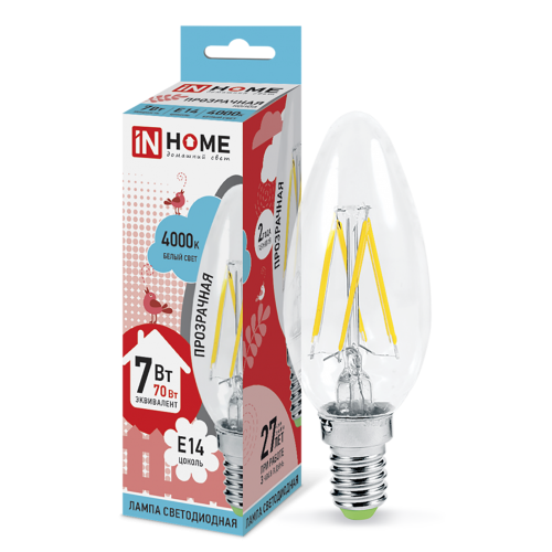 Лампа светодиодная свеча филамент 7Вт, C37-FL, E14, 4000K, 230В deco In Home
