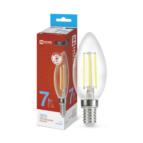 Лампа светодиодная свеча филамент 7Вт, C37-FL, E14, 6500K, 230В deco In Home