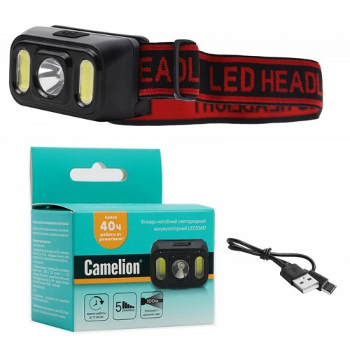 Camelion LED53417 (фонарь налоб, акк 3,7В, черный, XPE+2 x COB, 3 Вт, 5 реж, Type-C, бокс)