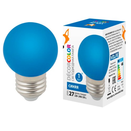 Лампа светодиодная шар 1Вт, G45, E27, Синий, 220В 3 светодиода Volpe