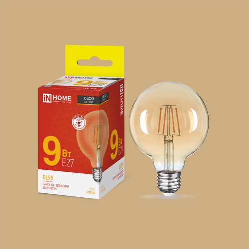 Лампа светодиодная шар филамент 11Вт, GL-125, E27, 3000K, Золотистый, 230В deco gold In Home Фото №1