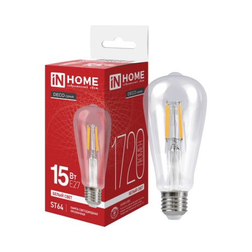 Лампа светодиодная LED-ST64-deco 15Вт 230В Е27 4000К 1720Лм прозрачная IN HOME