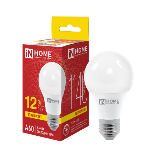 Лампа светодиодная груша 12Вт, A60, E27, 3000K, 220В IN HOME Фото №5