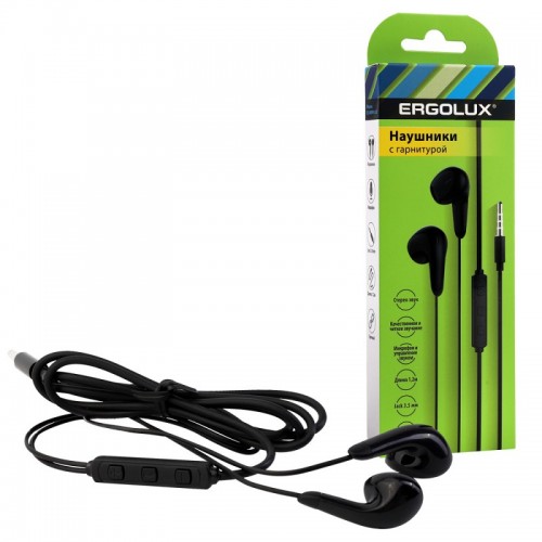 ERGOLUX ELX-WHP01-C02 (Наушники вкладыши с микрофоном проводные, 3.5мм, 1,2м, Черные, Коробка)