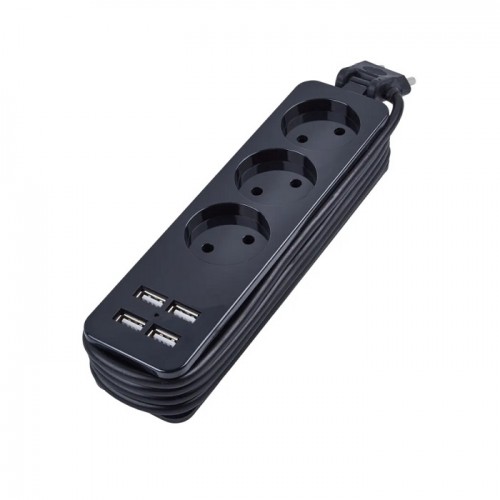 Удлинитель бытовой 3 гнезда, без заземления, 10А, длина 1.8 метра, 4xUSB 2.1A TRAVEL S-CT3-1,8U BLACK Uniel