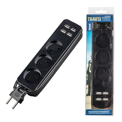 Удлинитель бытовой 3 гнезда, без заземления, 10А, длина 1.8 метра, 4xUSB 2.1A TRAVEL S-CT3-1,8U BLACK Uniel