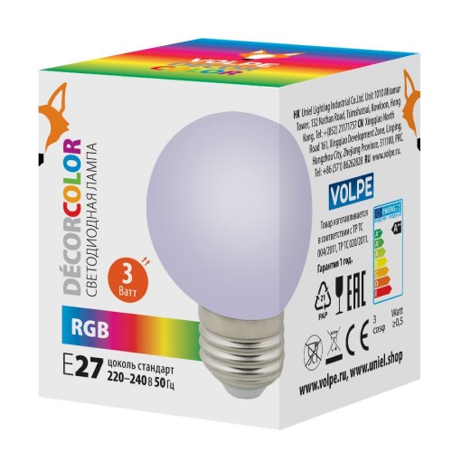Лампа декоративная светодиодная форма шар 3Вт, G60, E27, RGB, 220В Volpe Фото №1
