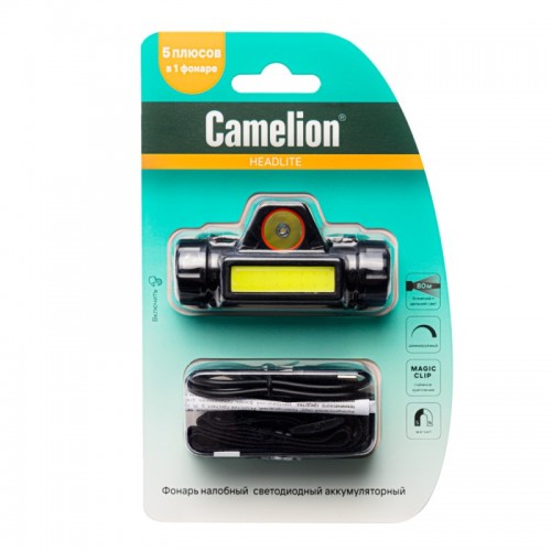 Camelion LED53405 (фонарь налоб, аккум 3,7В, димм, черный, XPE + COB LED, 3 Вт, 2 реж, магн, бл)