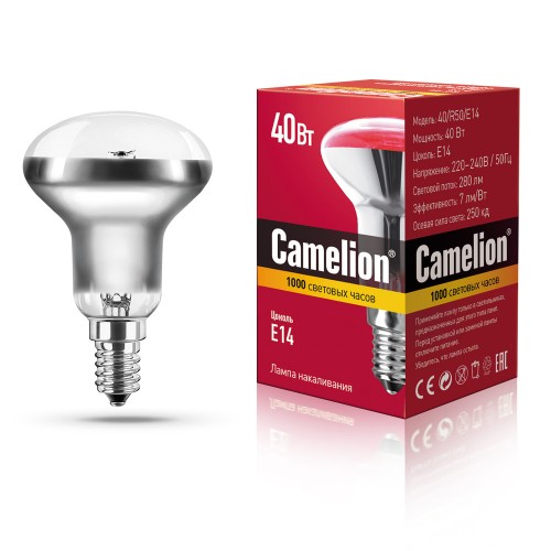 Лампа накаливания рефлекторная 40Вт, E14, R50 Camelion