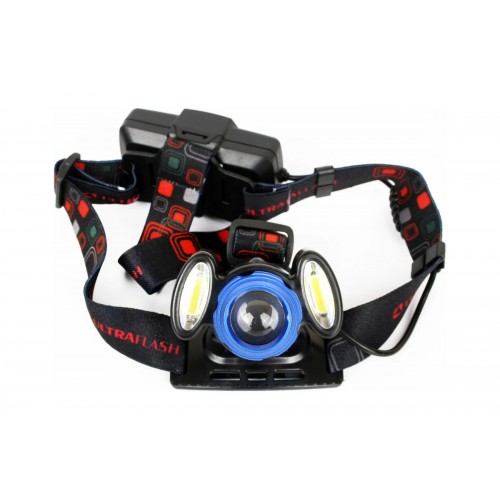 Фонарь светодиодный аккумуляторный налобный Чёрный + Синий, 4Вт 3 LED, фокус, 2 аккумулятора 3.7В, Металл, коробка E1334 ULTRAFLASH