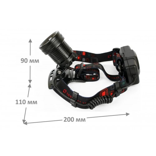 Фонарь светодиодный аккумуляторный налобный Чёрный, 4Вт 2 LED, фокус, 2 аккумулятора 3.7В, 4 режима, Металл, коробка E1335 ULTRAFLASH