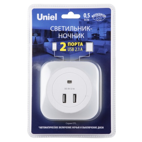 Светильник ночник с фотосенсором (день-ночь) DTL-321 White/sensor/2usb белый UNIEL Фото №3