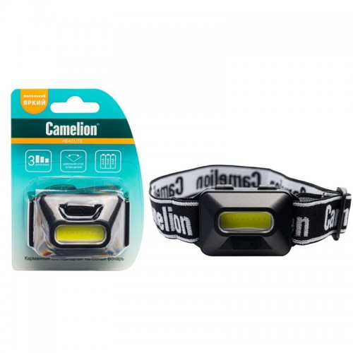 Фонарь светодиодный налобный Черный, 1Вт, 1COB LED , 3xR03, 3 режима, Пластик, блистер LED5384 Camelion