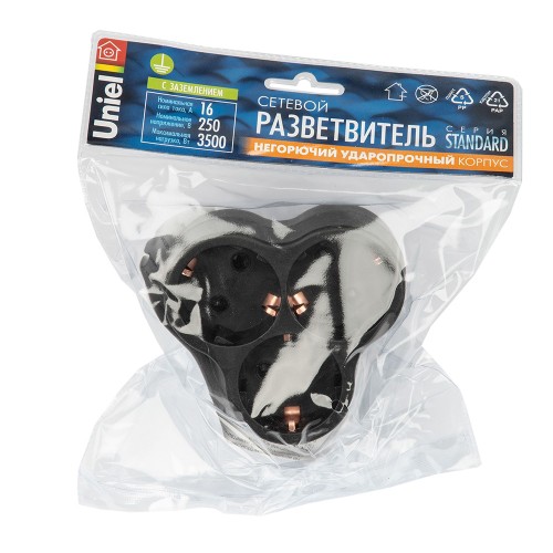 Разветвитель сетевой, с/з. 3 гнезда. 16А, 3500Вт, Черный. S-GES3-16F BLACK Uniel