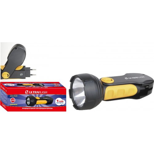 Фонарь светодиодный аккумуляторный Чёрный + Жёлтый, 0.5Вт LED, 220В, SLA, складная вилка Пластик, коробка LED3828 ULTRAFLASH
