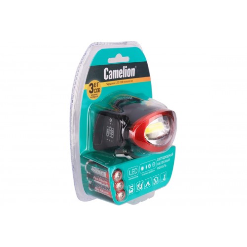 Фонарь светодиодный налобный Чёрный + Красный, 3Вт COB, 3xR03 в комплекте, 4 режима, Пластик, блистер LED5382 Camelion Фото №10