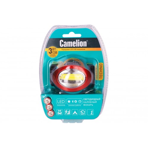 Фонарь светодиодный налобный Чёрный + Красный, 3Вт COB, 3xR03 в комплекте, 4 режима, Пластик, блистер LED5382 Camelion Фото №1