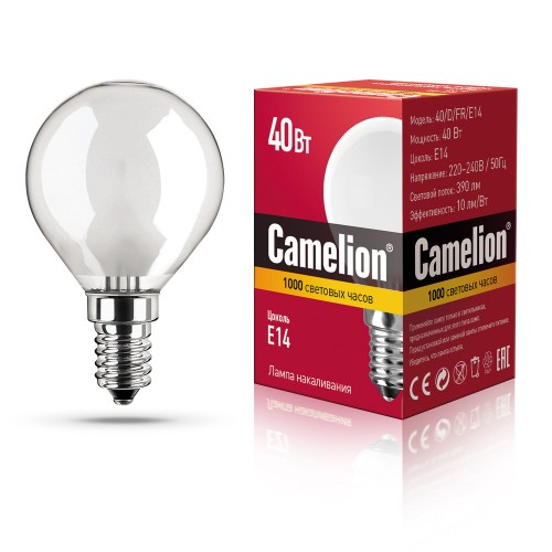 Лампа накаливания каплевидная матовая, 40Вт, E14, P45 Camelion